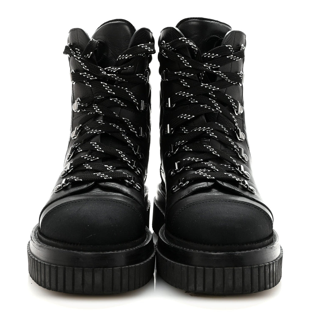 Calfskin Grosgrain Quilted Lace Up Boots 38.5 Black Grey