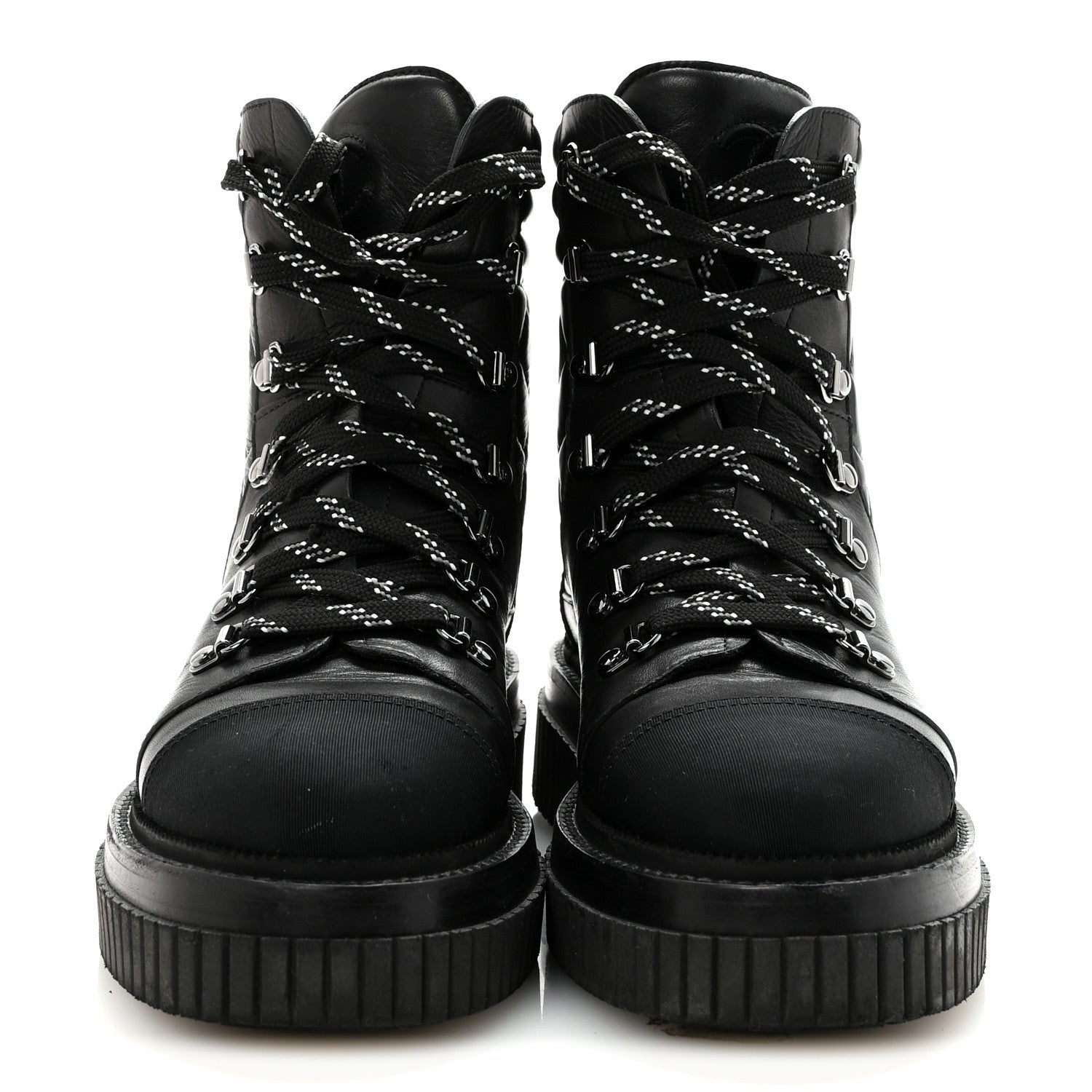 Calfskin Grosgrain Quilted Lace Up Boots 38.5 Black Grey