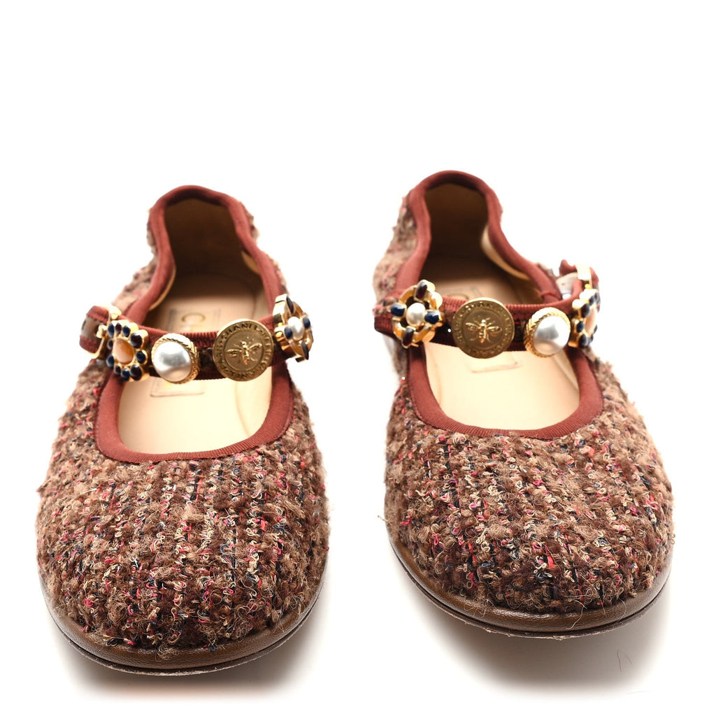 Chanel Wool Tweed Mary Jane Flats 37.5 Brown Red Dark Blue