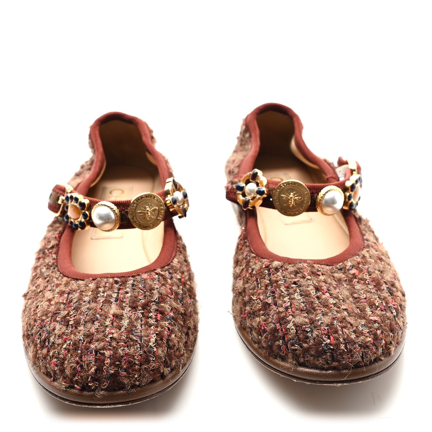 Chanel Wool Tweed Mary Jane Flats 37.5 Brown Red Dark Blue
