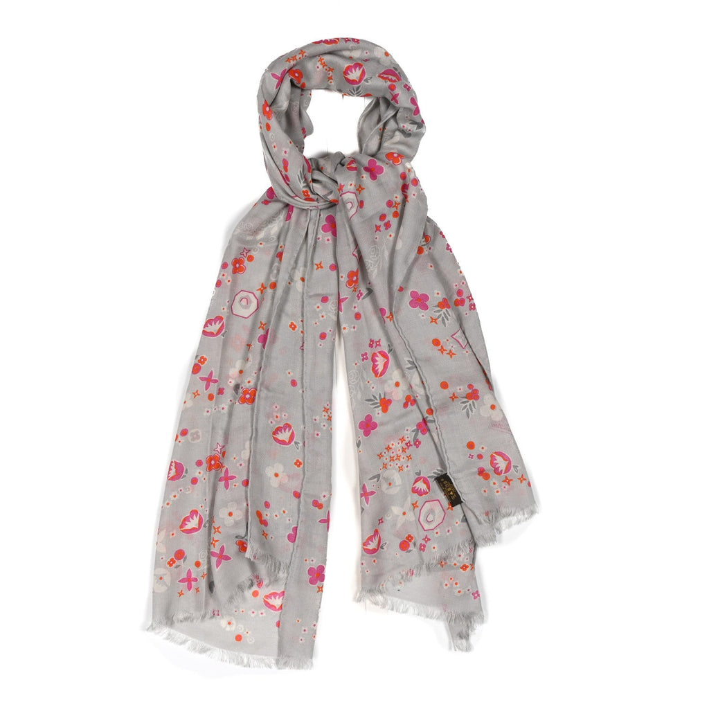 Louis Vuitton Cashmere Silk Wool Floral Stole Grey