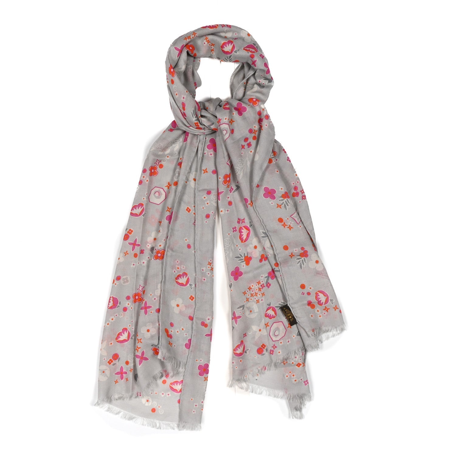 Louis Vuitton Cashmere Silk Wool Floral Stole Grey