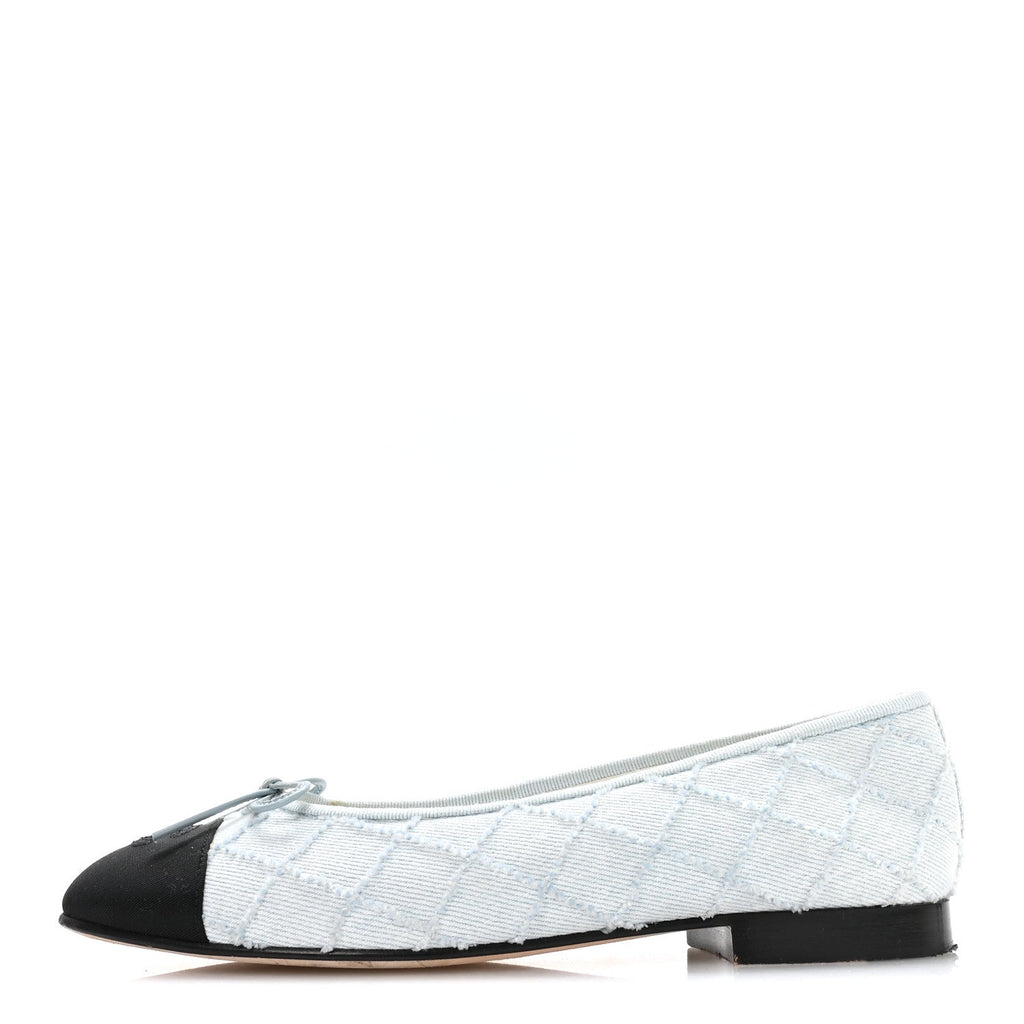 Denim Embroidered Grosgrain CC Cap Toe Ballerina Flats 38.5 Light Blue Black