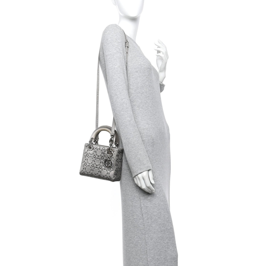 Christian Dior Satin Crystal Cannage Mini Lady Dior Gray