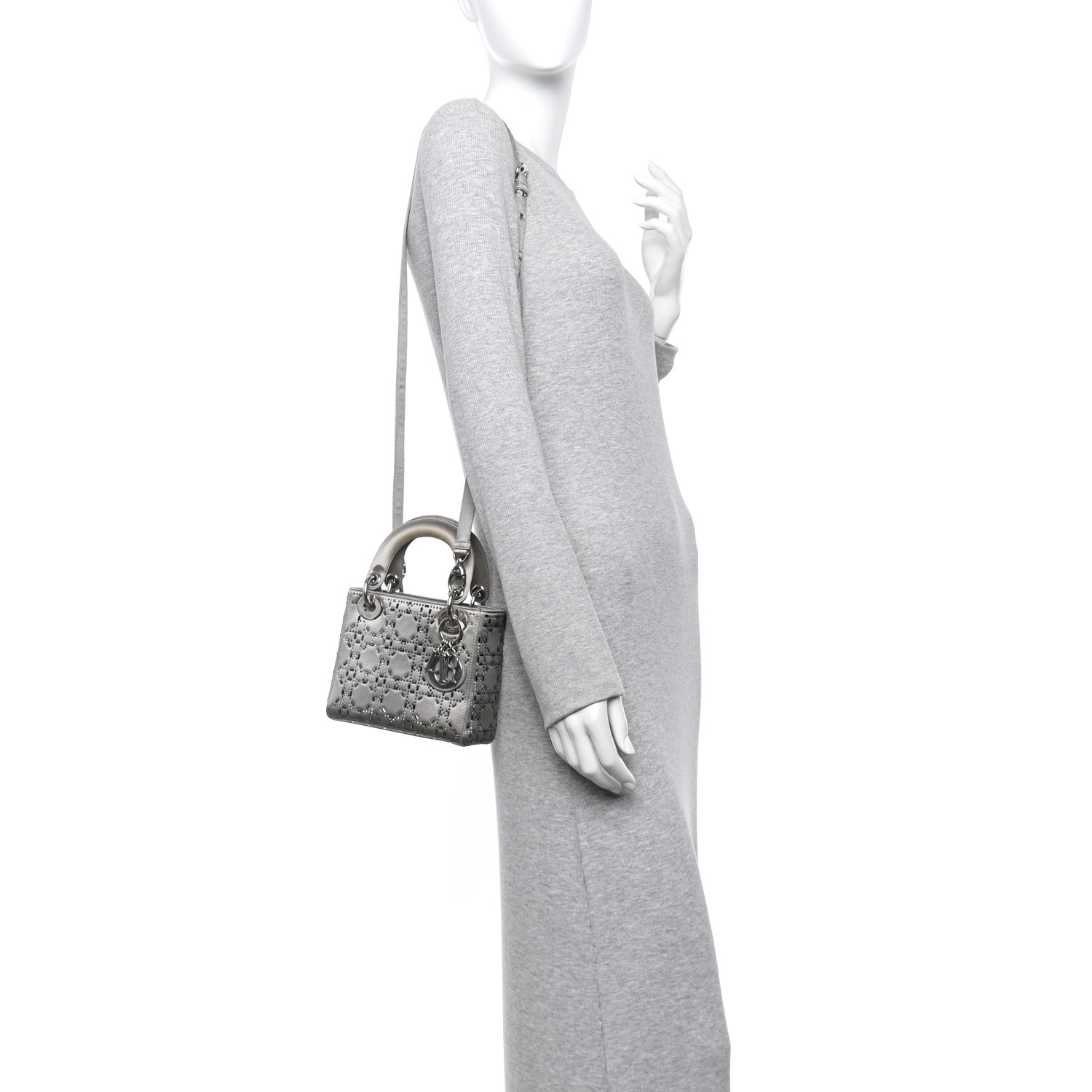 Christian Dior Satin Crystal Cannage Mini Lady Dior Gray