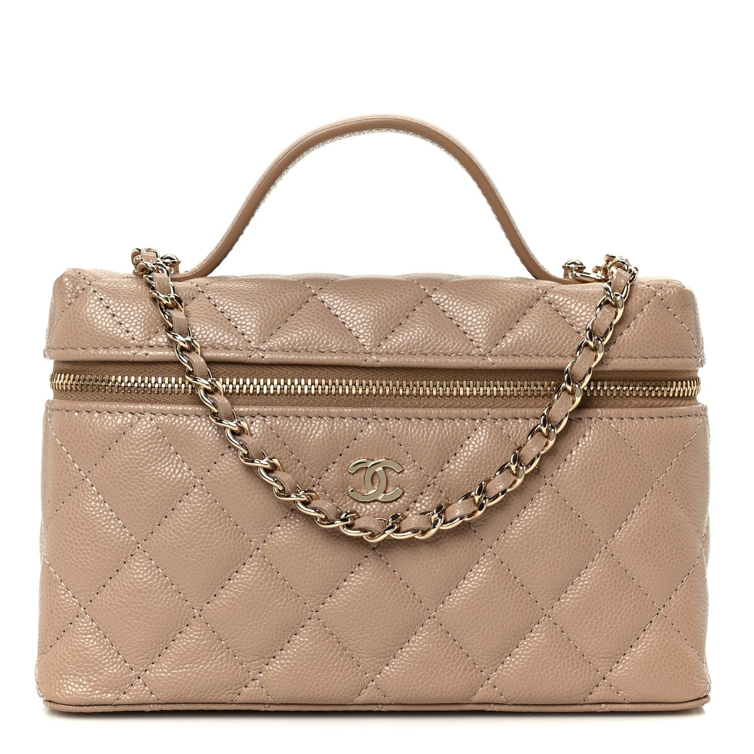 Chanel Caviar Quilted Top Handle Slim Vanity With Chain Dark Beige