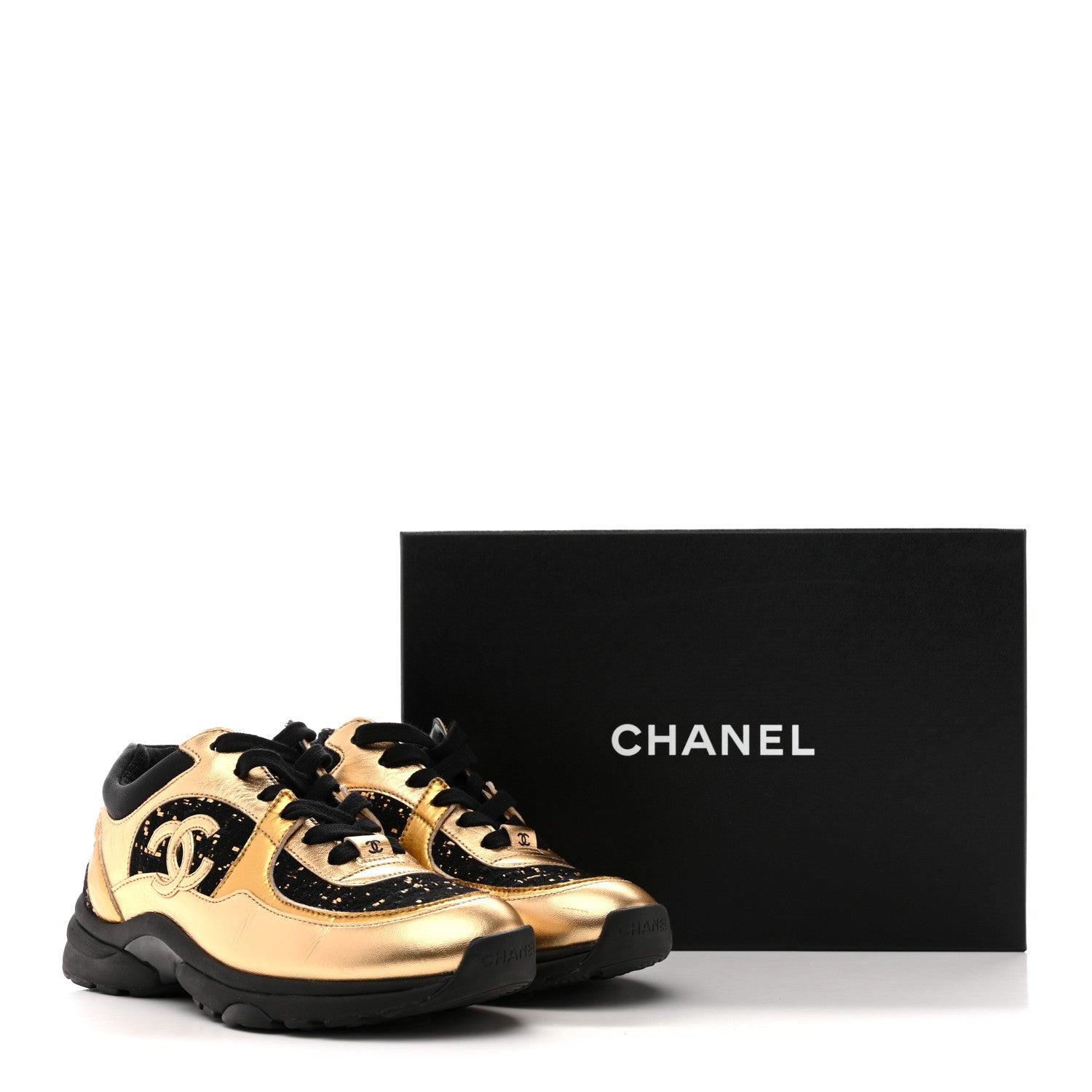 Satin Lambskin Fabric Tweed CC Sneakers 36.5 Gold Black