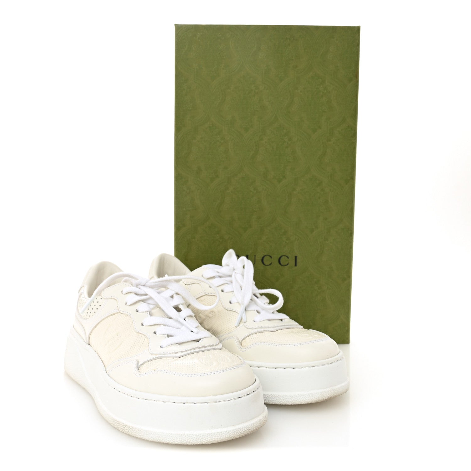 Gucci Calfskin GG Tennis Embossed Perforated Womens Platform 55mm Sneakers 37 Great White
