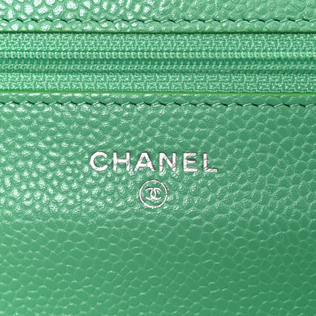 Chanel Caviar Chevron Quilted Wallet On Chain WOC Green