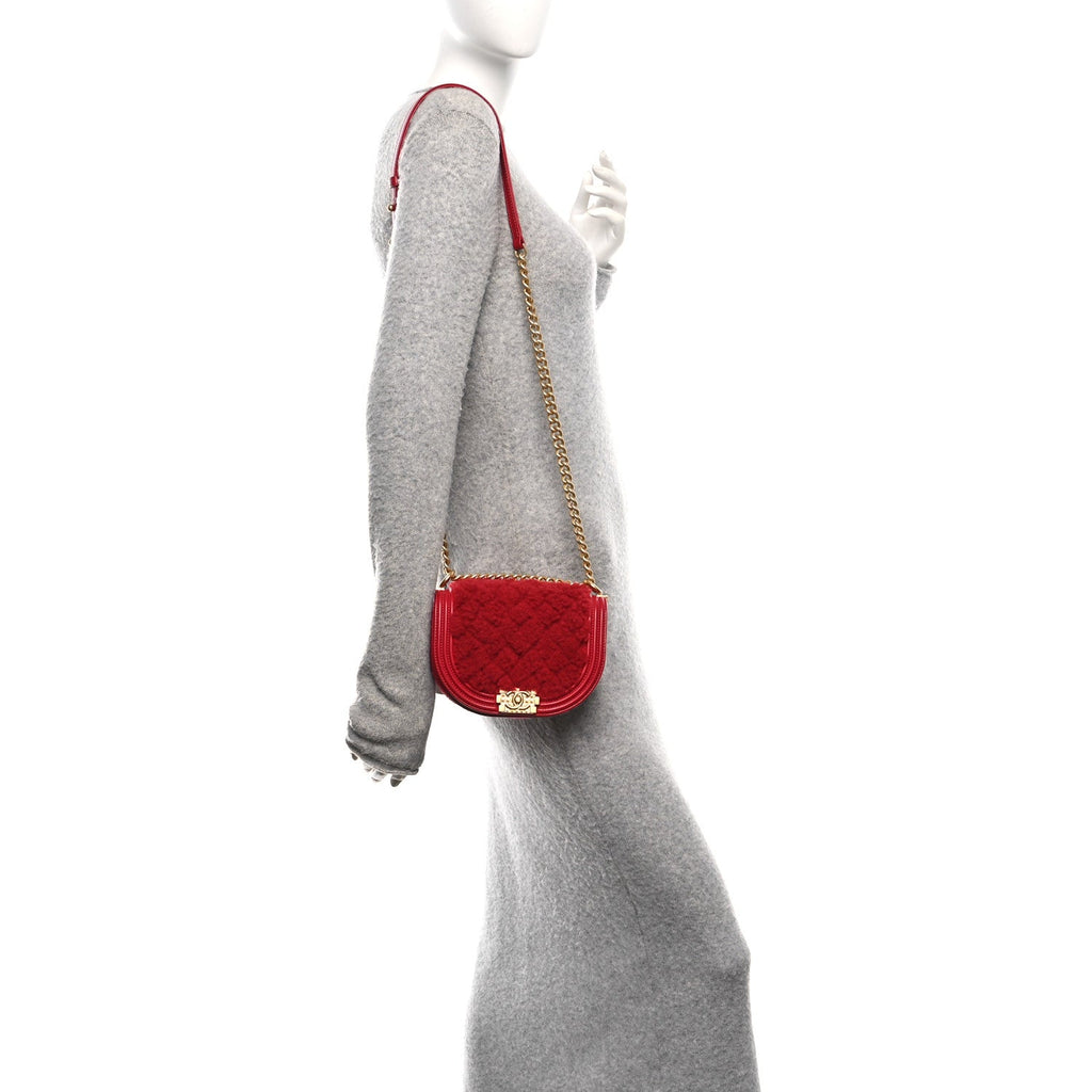 Chanel Calfskin Shearling Quilted Small Boy Messenger Bag Red