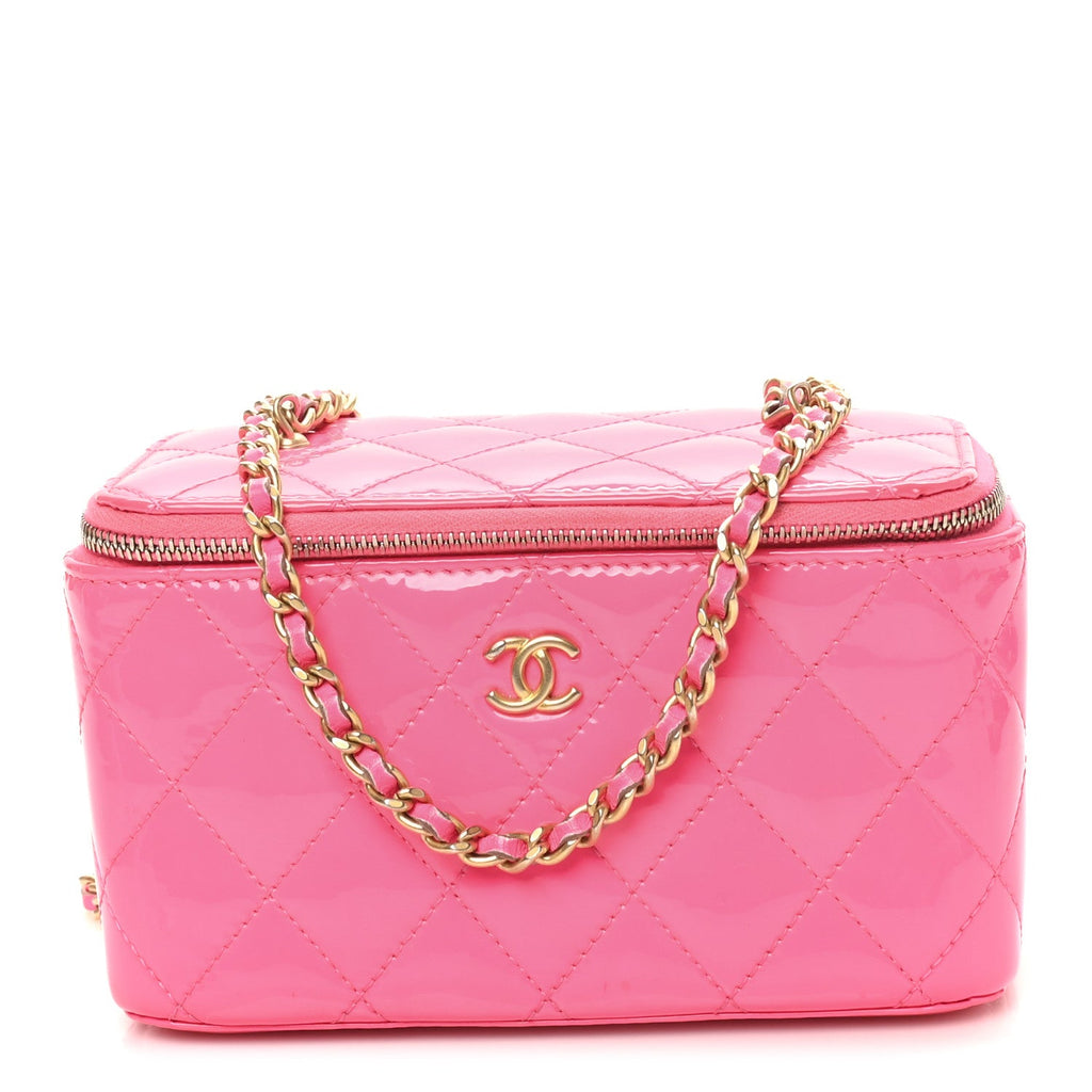Chanel Patent Quilted Pearl Crush Small Vanity Case With Chain Neon Pink
