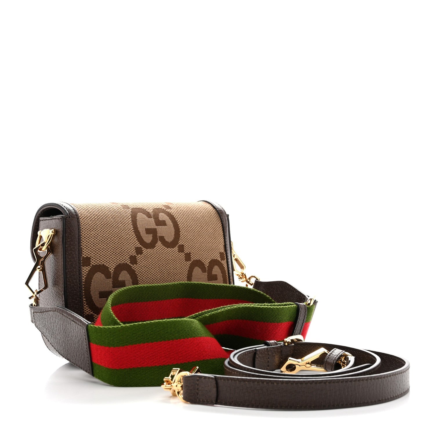 Gucci Monogram Jumbo GG Textured Dollar Calfskin Web Mini Horsebit 1955 Shoulder Bag Camel Ebony New Acero