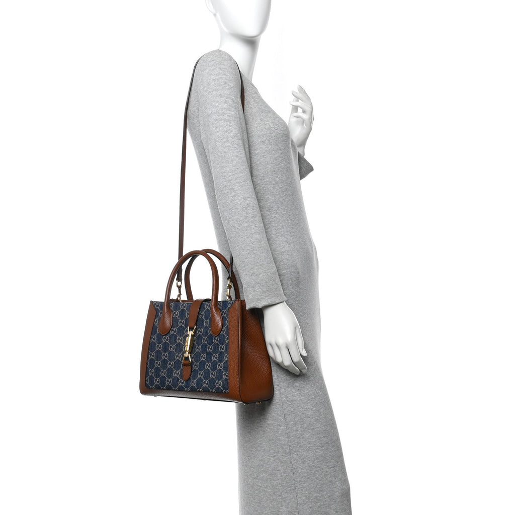 Gucci New Denim GG Monogram Dollar Calfskin Medium Jackie 1961 Tote Blue Tea Cuir Epilog