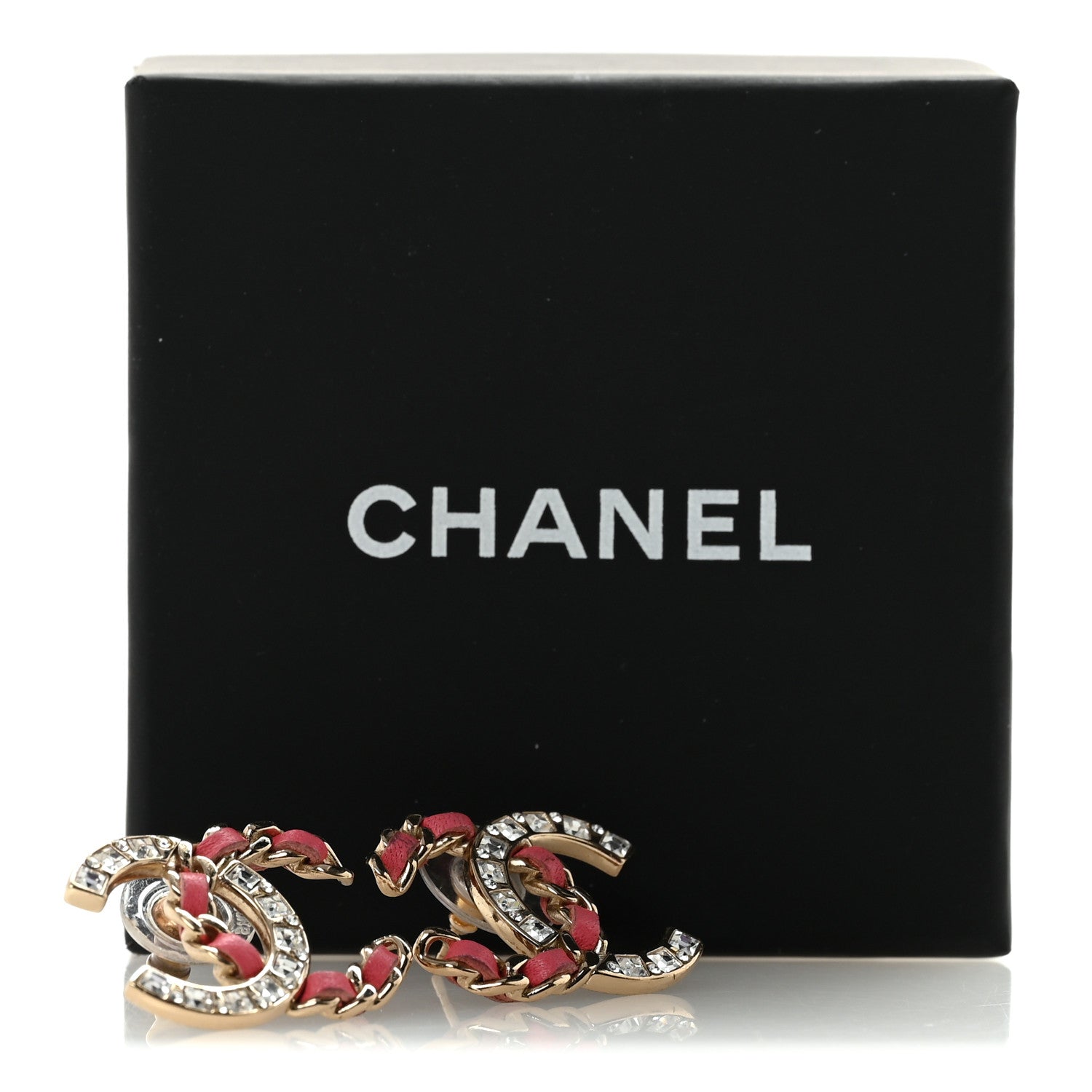Lambskin Baguette Crystal CC Chain Earrings Pink Gold