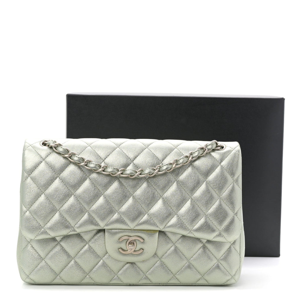 Chanel Metallic Lambskin Quilted Jumbo Double Flap Green