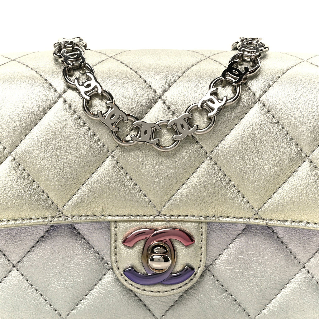 Chanel Gradient Metallic Calfskin Quilted Clutch Silver Blue Yellow Purple