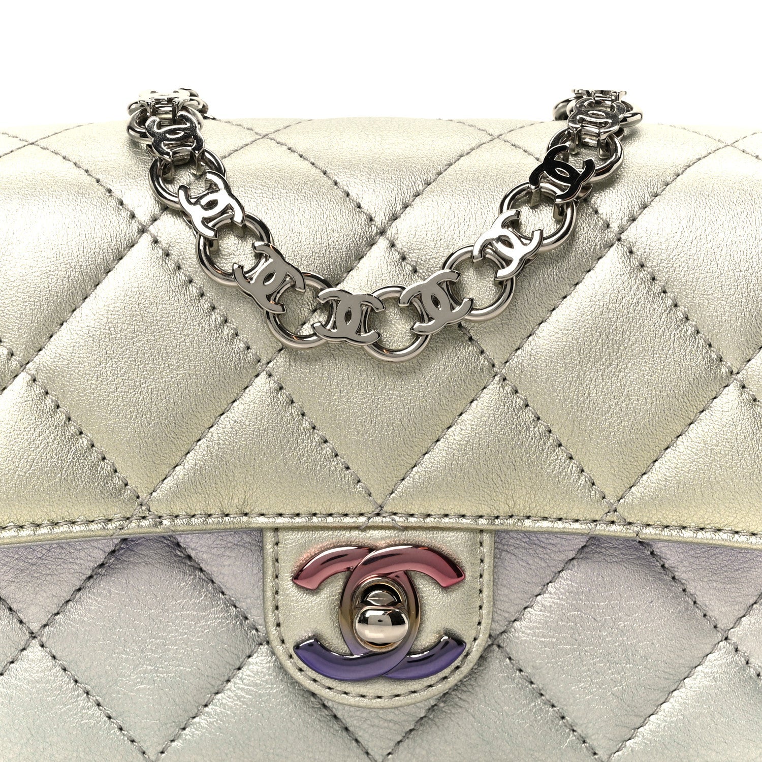 Chanel Gradient Metallic Calfskin Quilted Clutch Silver Blue Yellow Purple