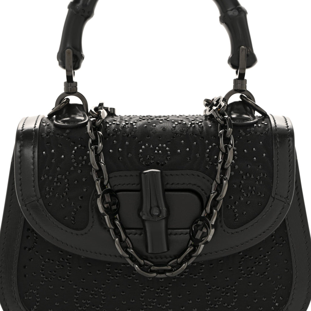 Gucci Moire Fabric Calfskin Rhinestone Monogram Monochrome Mini Bamboo 1947 Top Handle Chain Bag Black