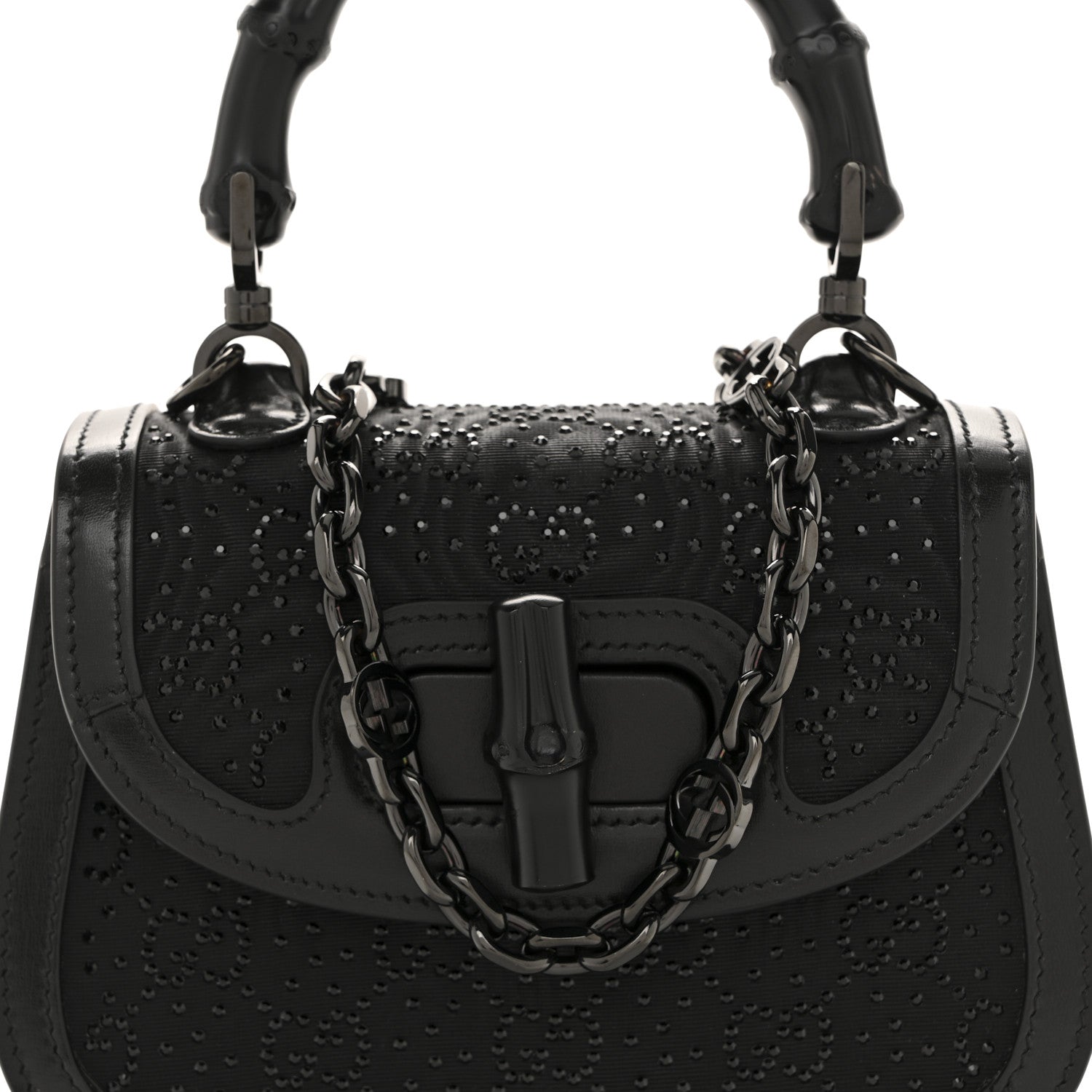 Gucci Moire Fabric Calfskin Rhinestone Monogram Monochrome Mini Bamboo 1947 Top Handle Chain Bag Black