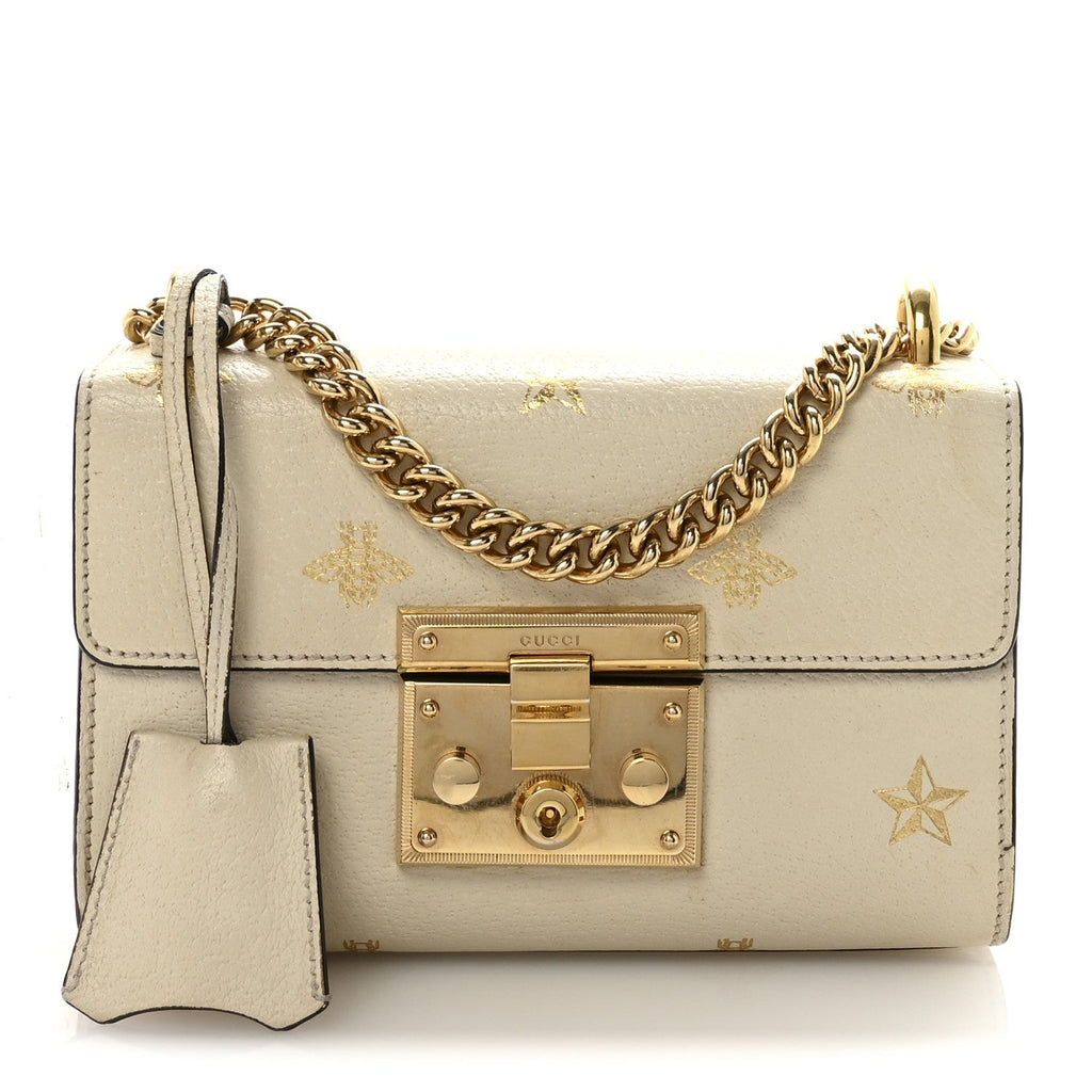 Gucci Grained Calfskin Bee Star Small Padlock Shoulder Bag White