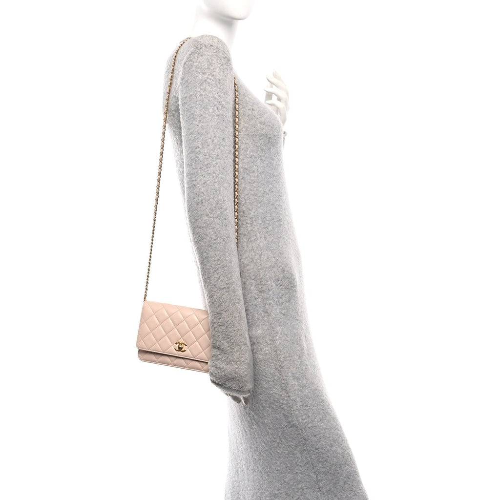 Chanel Lambskin Quilted CC Pearl Crush Wallet on Chain WOC Light Pink
