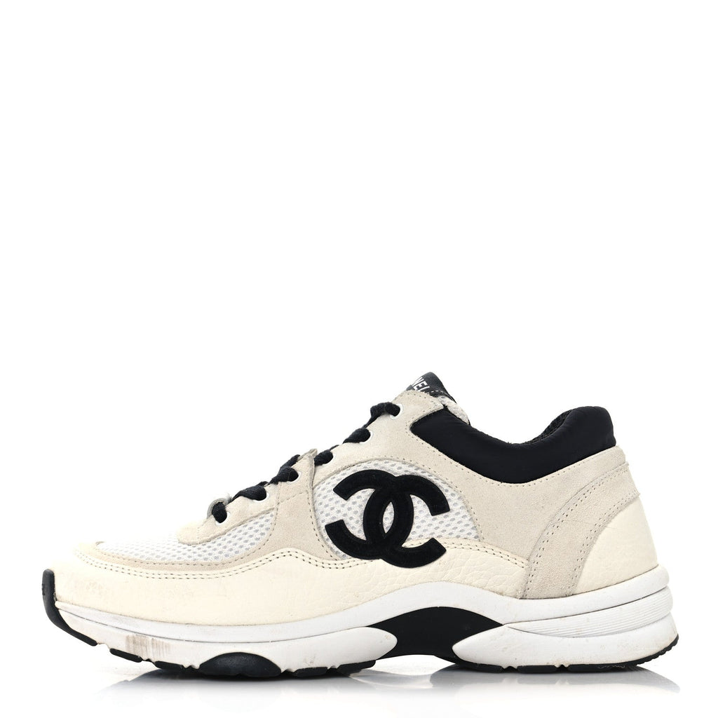 Mesh Suede Calfskin Grained Calfskin Womens CC Sneakers 37.5 White Black