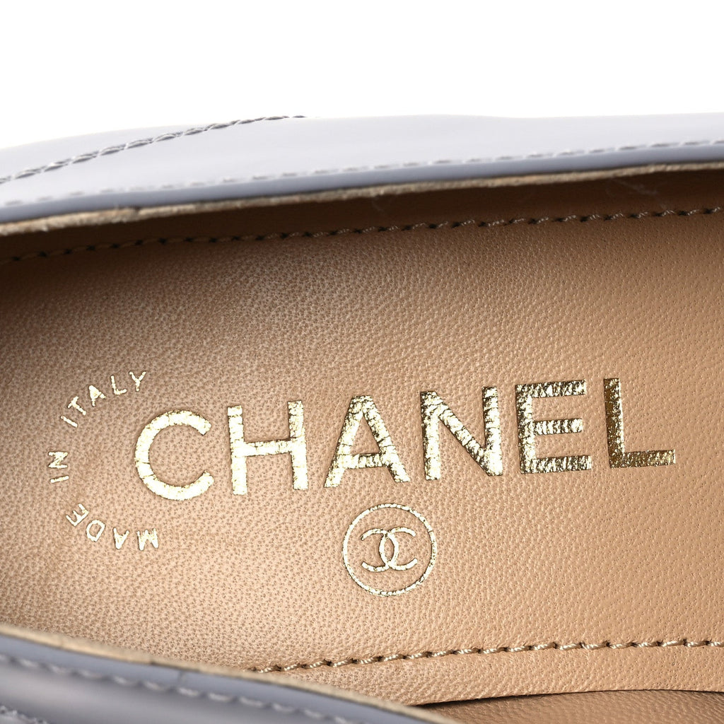 Chanel Shiny Calfskin Logo Loafers 37 Light Grey
