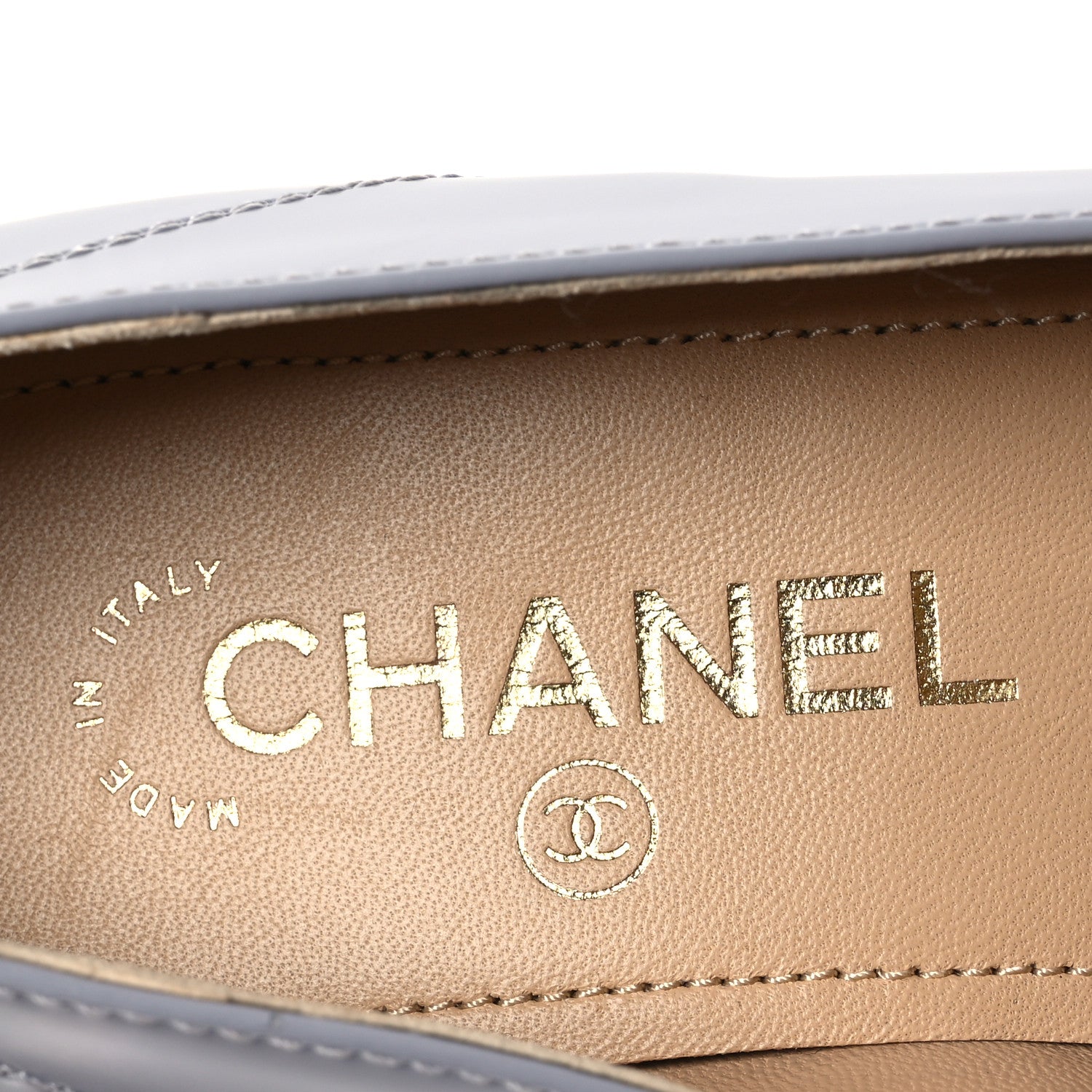 Chanel Shiny Calfskin Logo Loafers 37 Light Grey