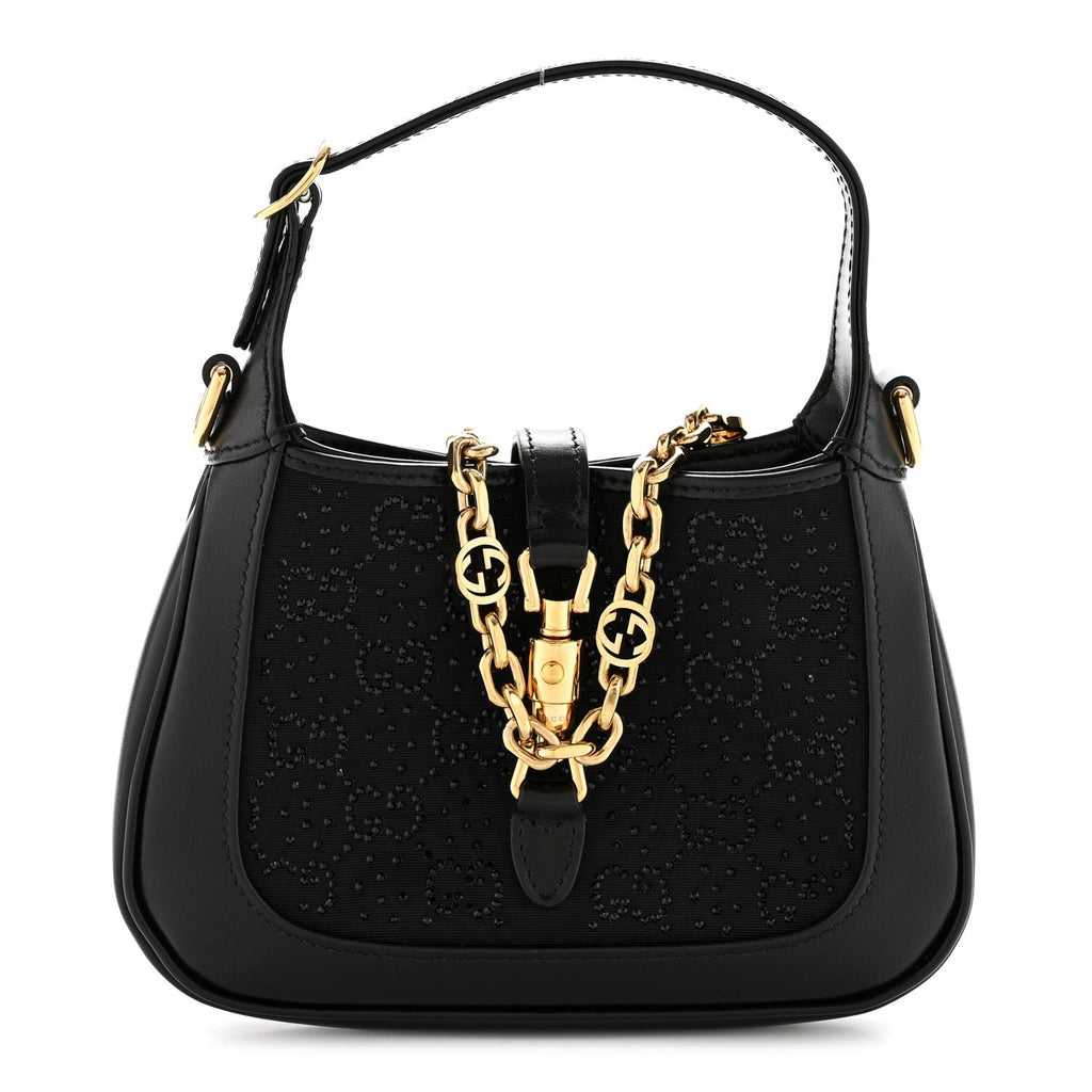 Gucci New Canvas Charisma Calfskin Crystal GG Monogram Mini Jackie 1961 Hobo Black