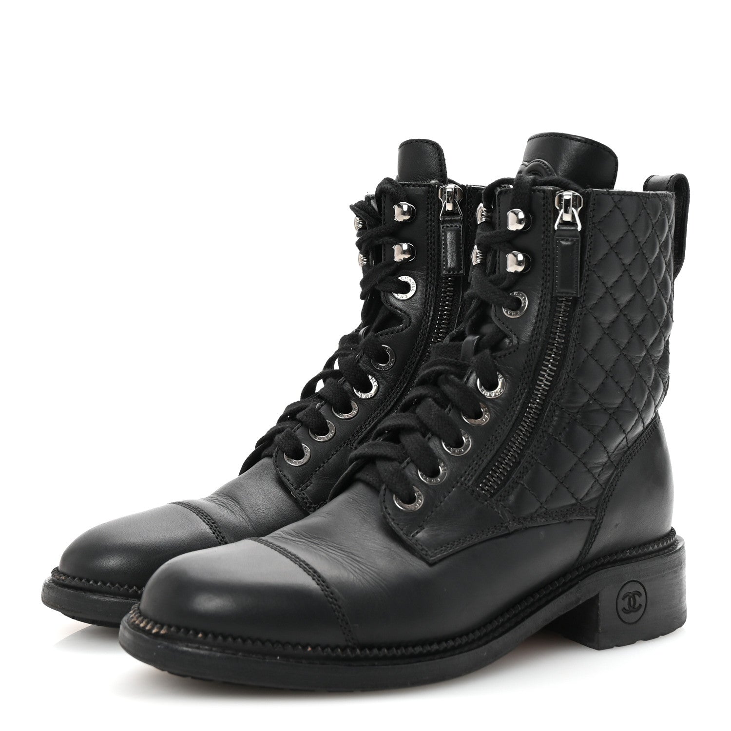 Calfskin Quilted Lace Up Combat Boots 37.5 Black