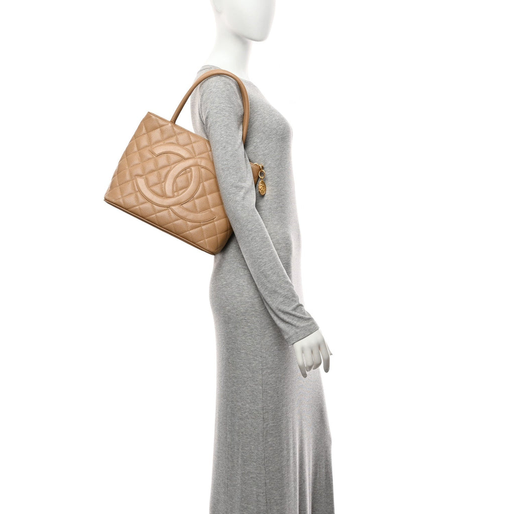 Chanel Caviar Quilted Medallion Tote Beige