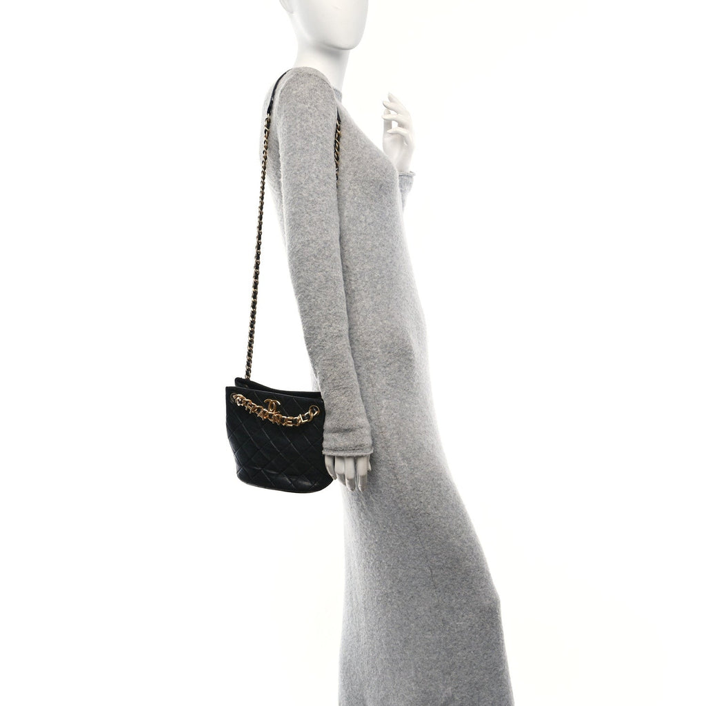 Chanel Lambskin Quilted Chaine Lettre Small Bucket Bag Black