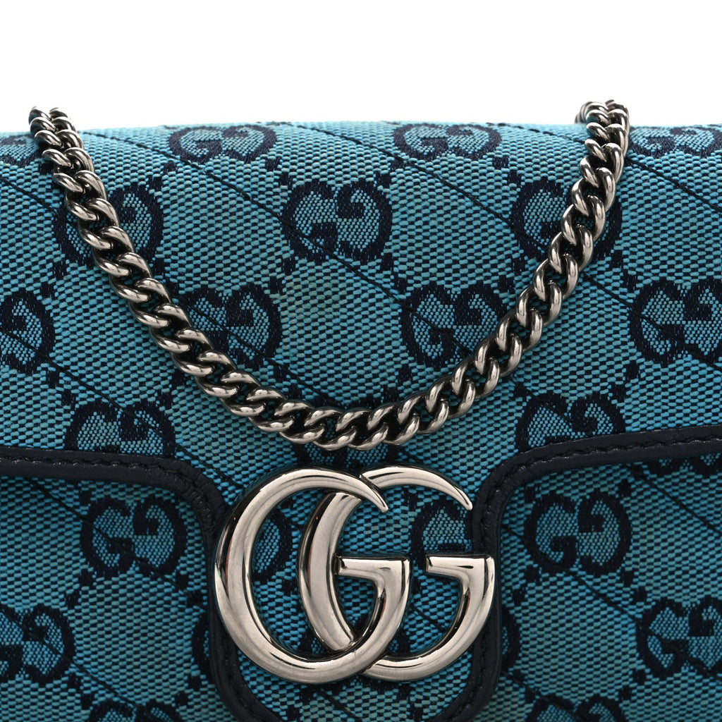 Gucci Monogram Multicolor Matelasse Diagonal Super Mini GG Marmont Shoulder Bag Light Blue