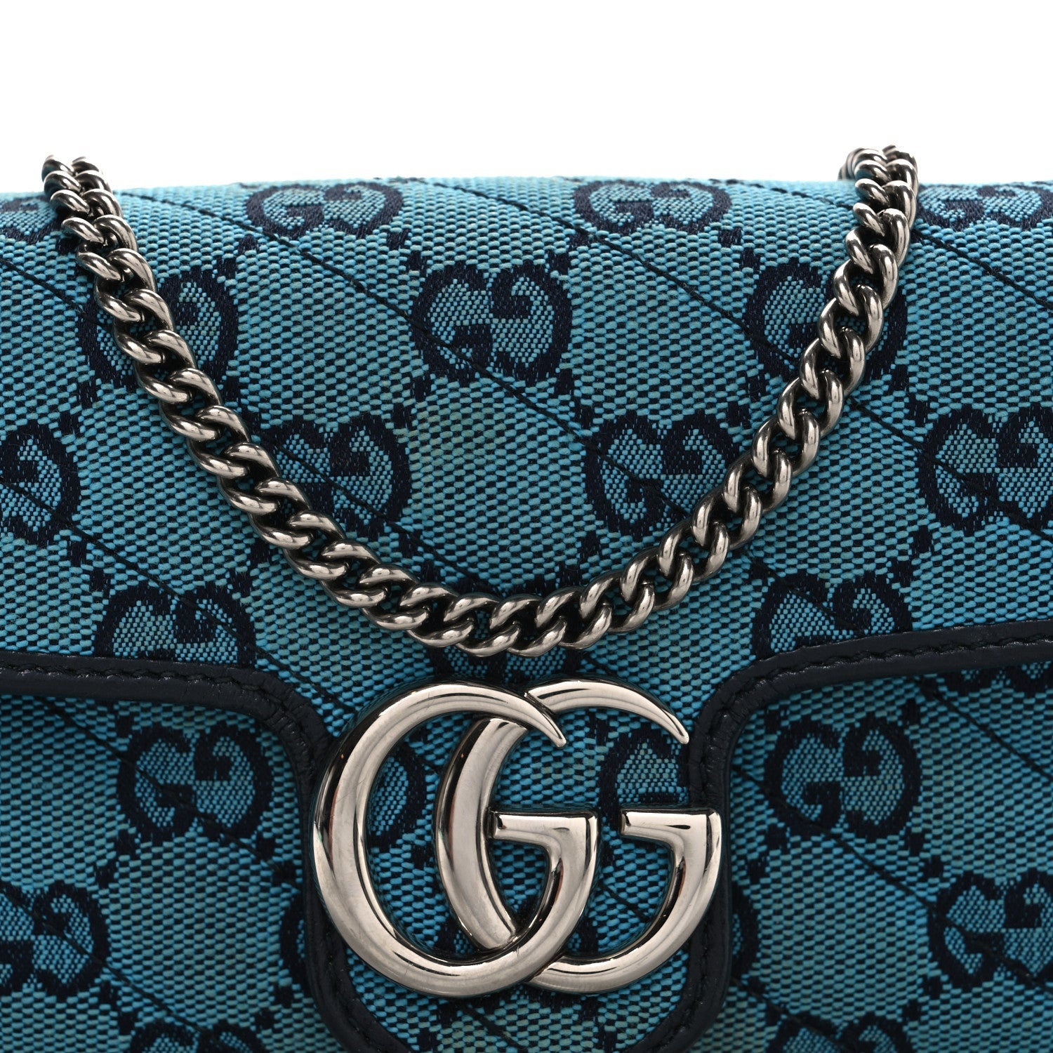 Gucci Monogram Multicolor Matelasse Diagonal Super Mini GG Marmont Shoulder Bag Light Blue