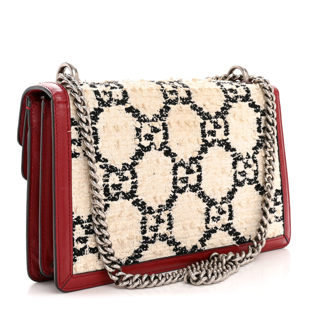 Gucci Tweed GG Monogram Small Dionysus Shoulder Bag White Black Romantic Cherry