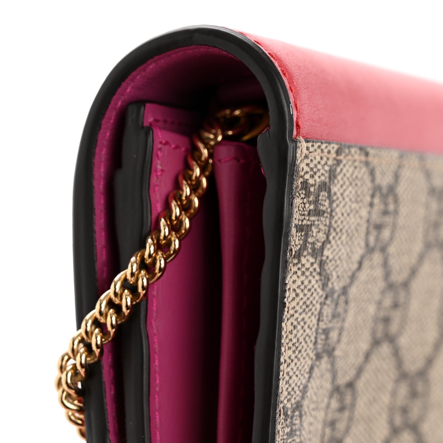 Gucci GG Supreme Monogram Moon Calfskin Padlock Continental Chain Wallet Beige Ebony Hibiscus Red New Rosette