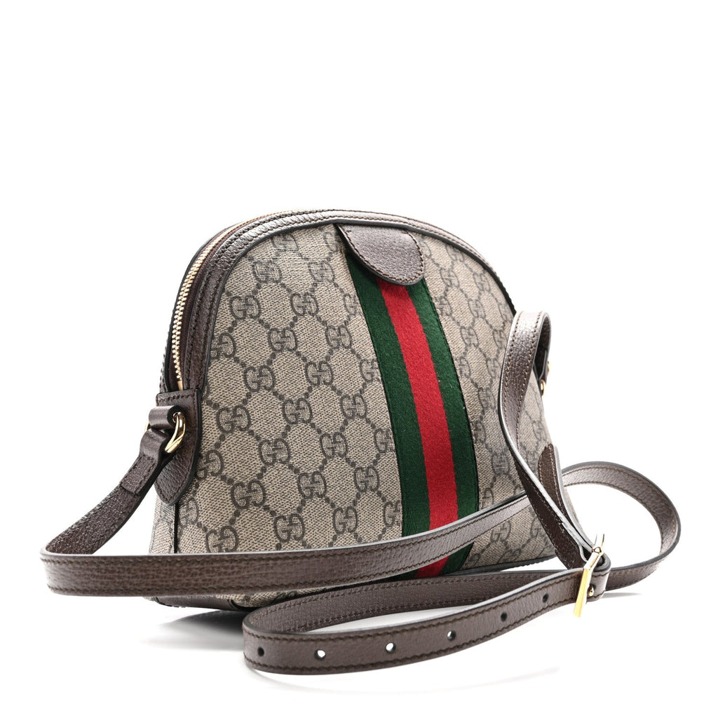 Gucci GG Supreme Monogram Textured Dollar Calfskin Web Small Ophidia Dome Shoulder Bag Beige Ebony New Acero