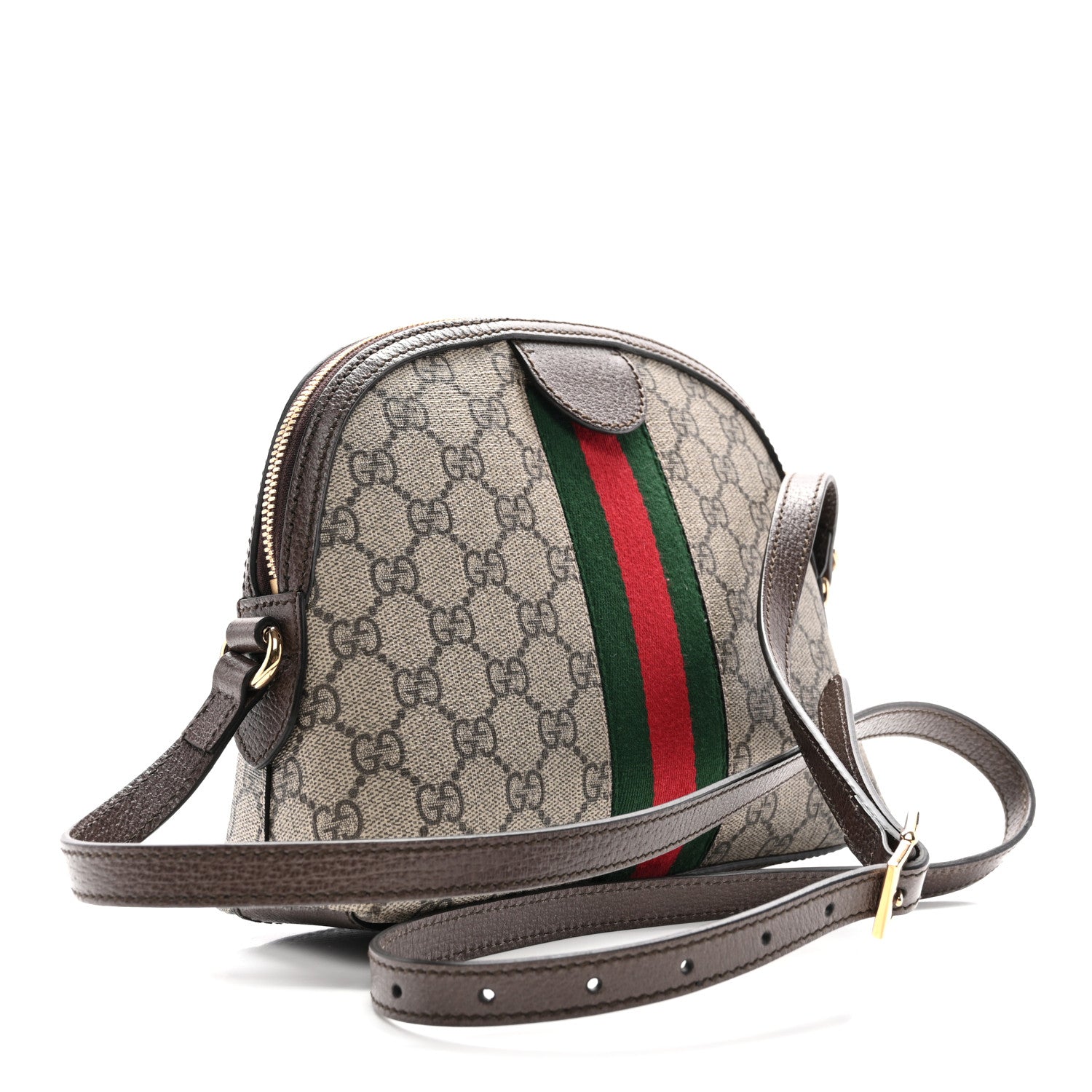 Gucci GG Supreme Monogram Textured Dollar Calfskin Web Small Ophidia Dome Shoulder Bag Beige Ebony New Acero