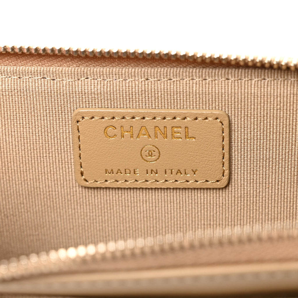 Lambskin Quilted Crystal CC Zip Card Holder Dark Beige