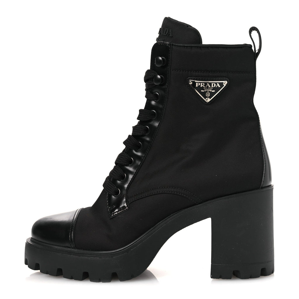 Prada Spazzolato Re-Nylon Metal Triangle Logo Lace Up 55mm Ankle Boots 38.5 Black