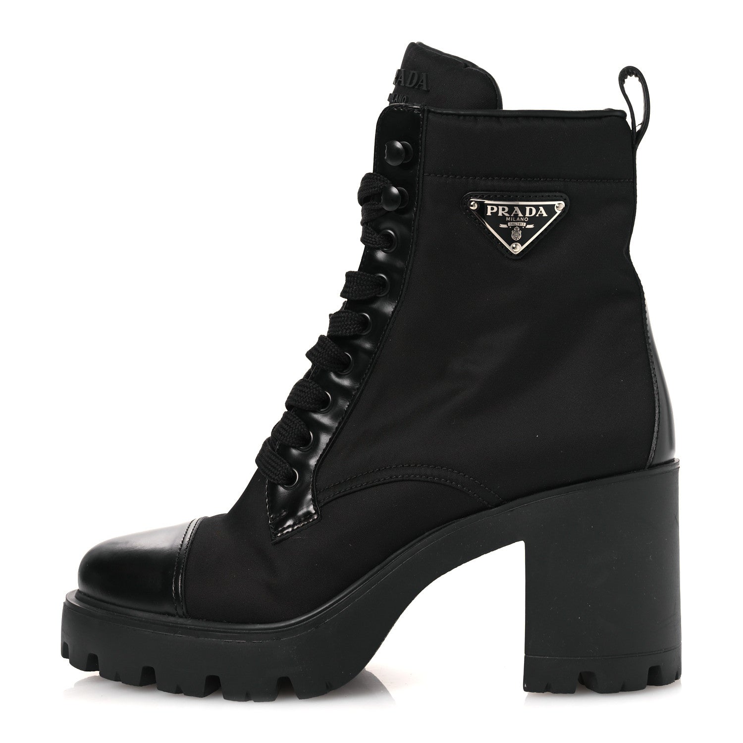 Prada Spazzolato Re-Nylon Metal Triangle Logo Lace Up 55mm Ankle Boots 38.5 Black