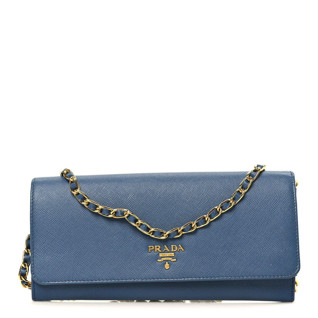 Prada Saffiano Metal Oro Chain Wallet Cobalto