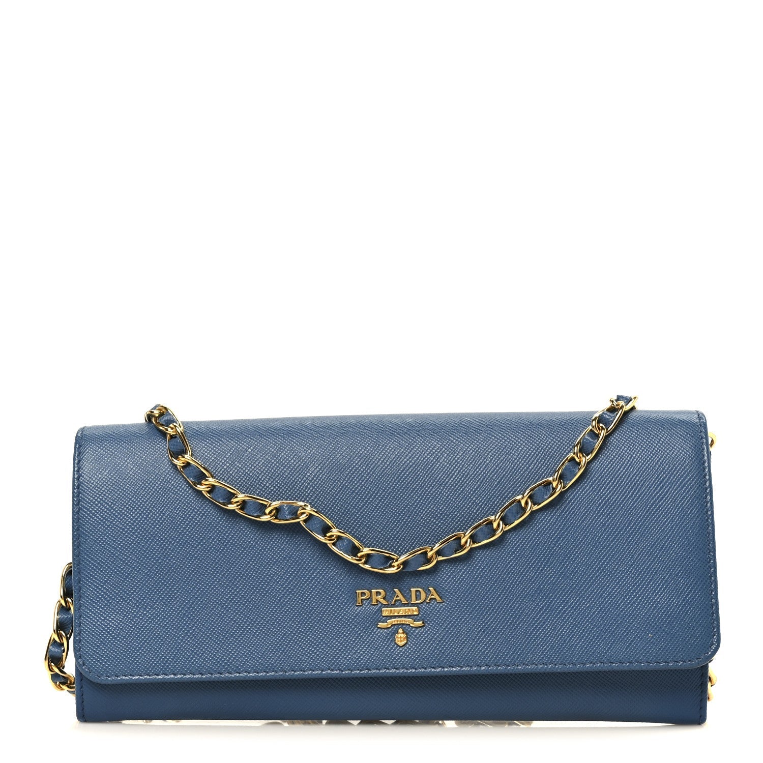 Prada Saffiano Metal Oro Chain Wallet Cobalto
