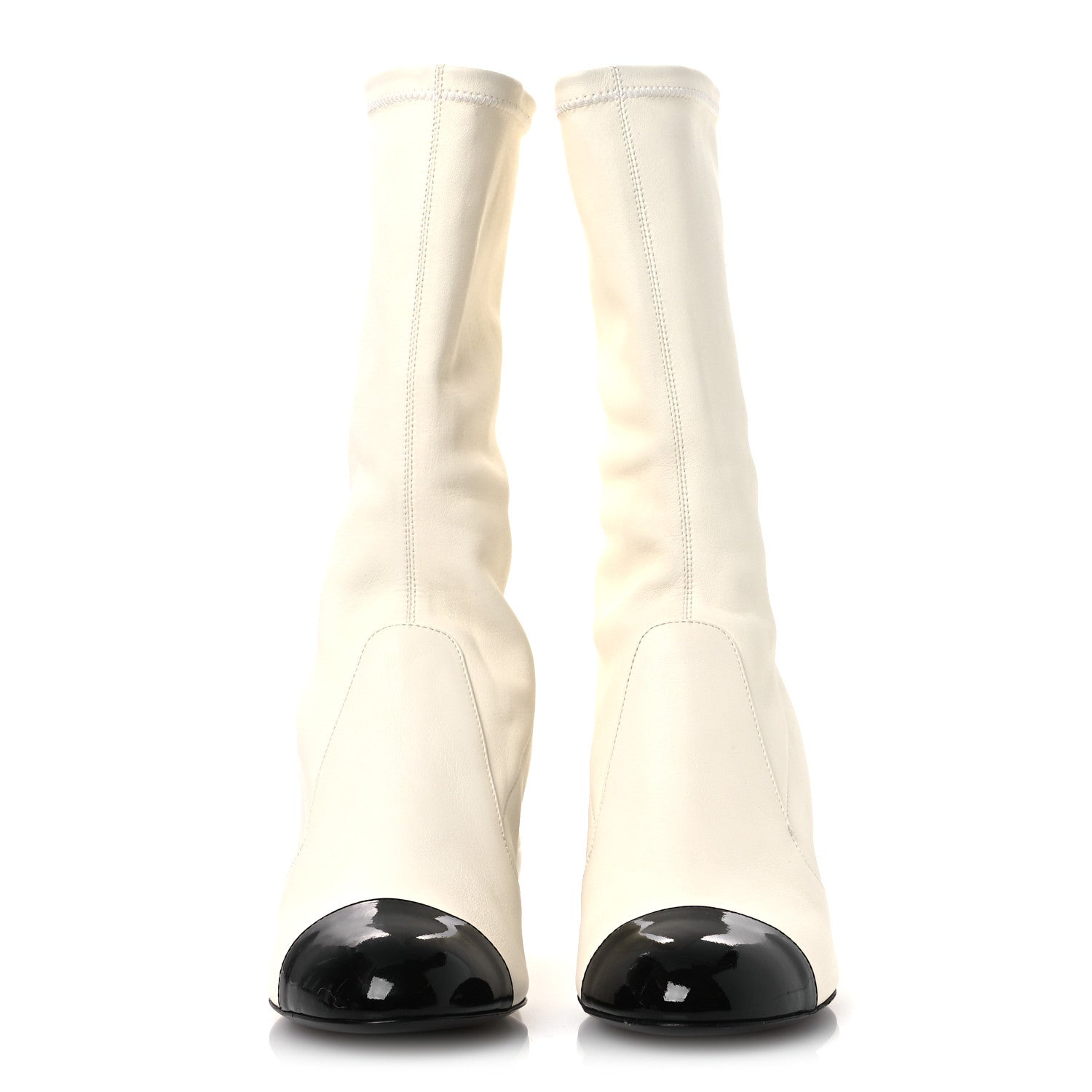 Chanel Stretch Lambskin Patent Cap Toe Pearl Ball Mid Calf Boots 39 White Black