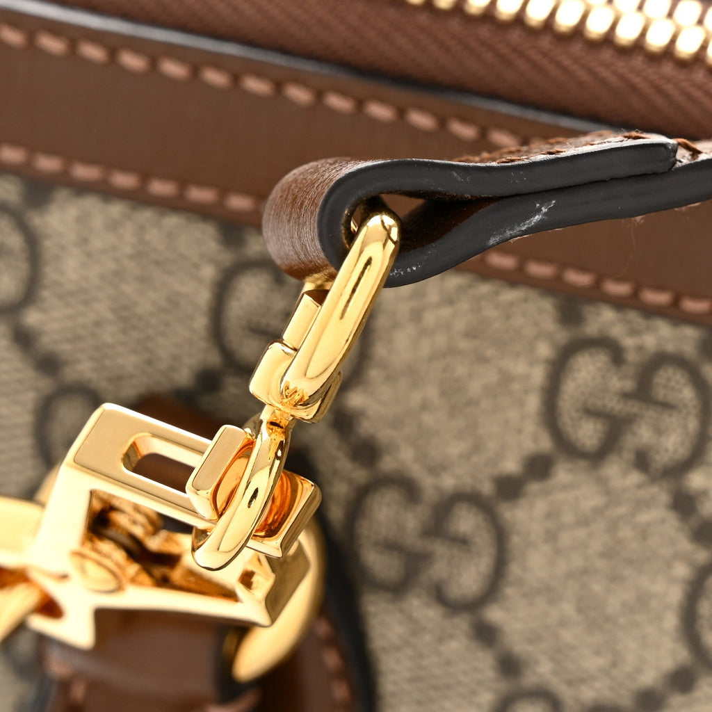 Gucci GG Supreme Monogram Azalea Calfskin Small Horsebit 1955 Top Handle Bag Beige Ebony Brown Sugar