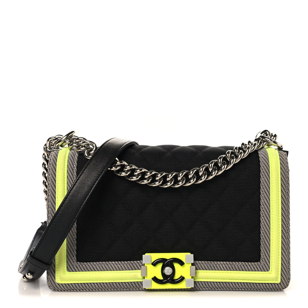 Chanel Canvas Quilted Medium Fluo Boy Flap Black Grey Yellow