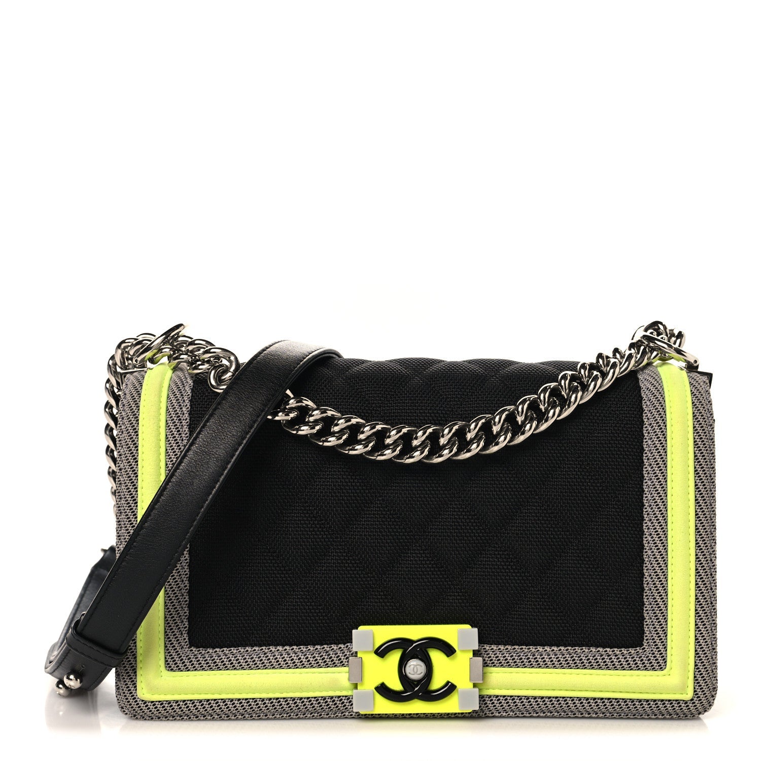 Chanel Canvas Quilted Medium Fluo Boy Flap Black Grey Yellow