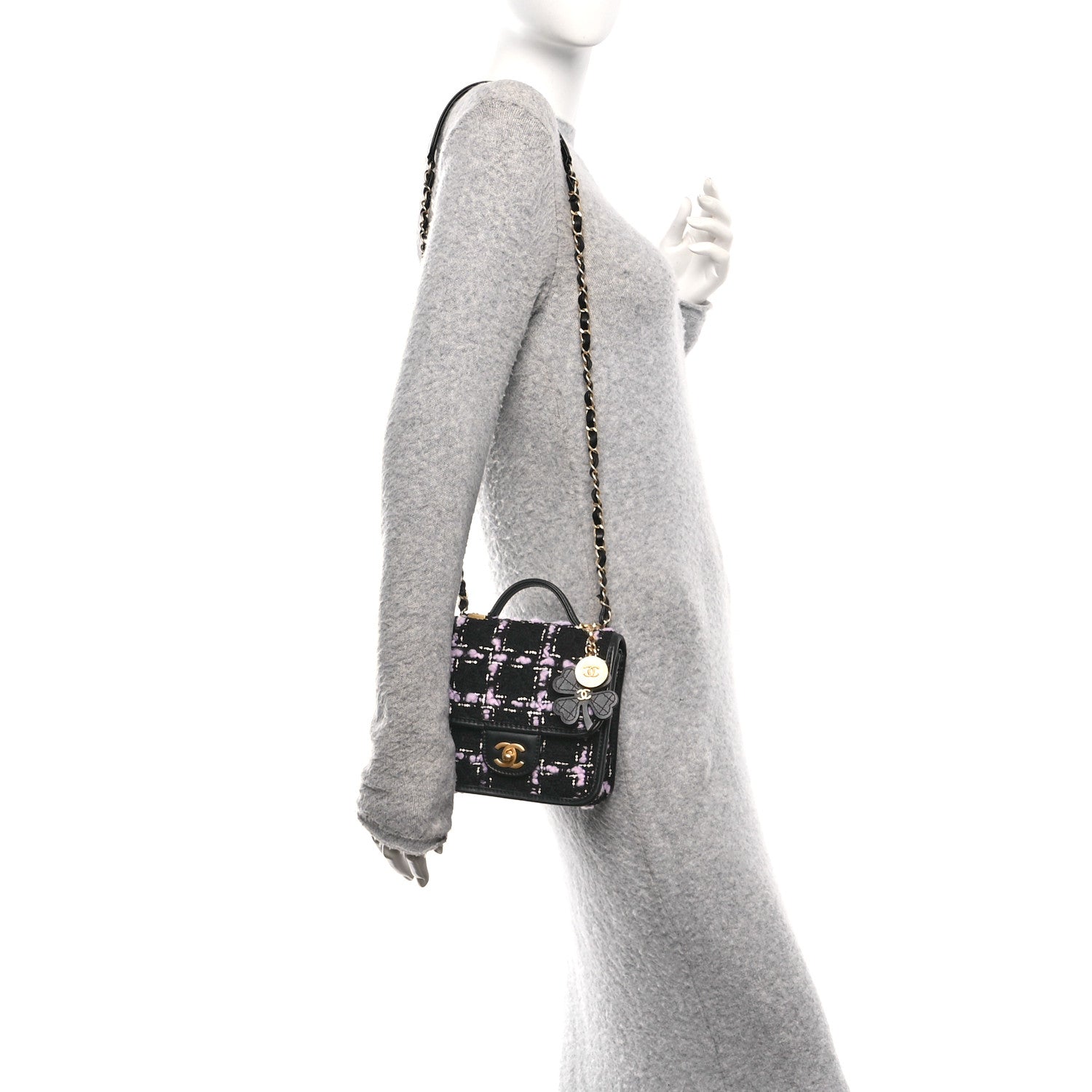 Chanel Tweed Calfskin School Memory Mini Top Handle Flap Black Pink White
