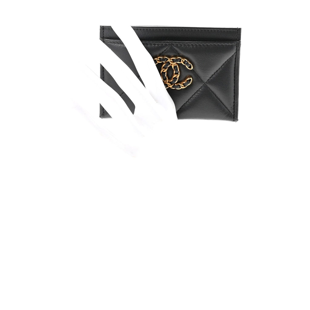 Chanel Shiny Goatskin Quilted Chanel 19 Card Holder Dark Grey