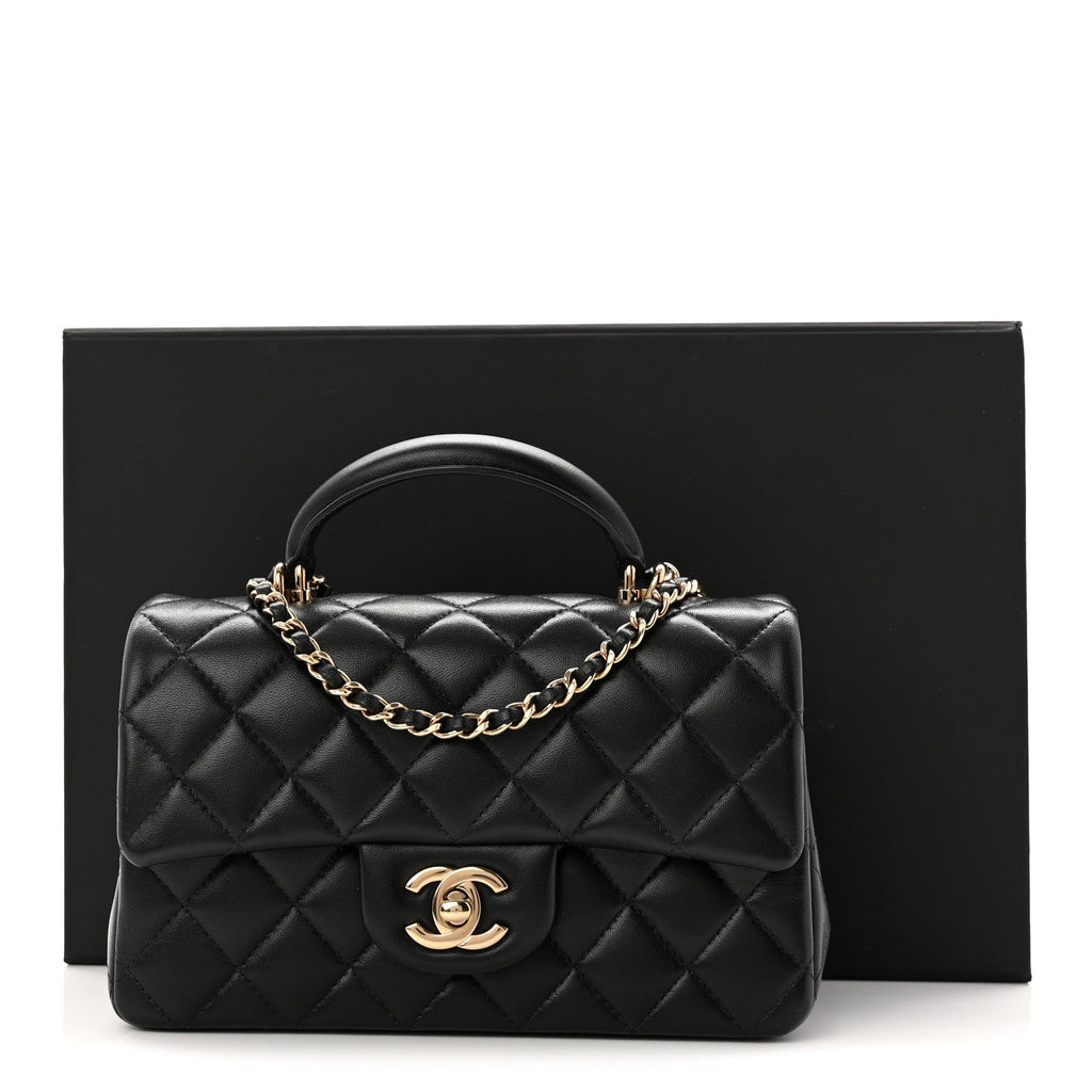 Chanel Lambskin Quilted Mini Top Handle Rectangular Flap Black